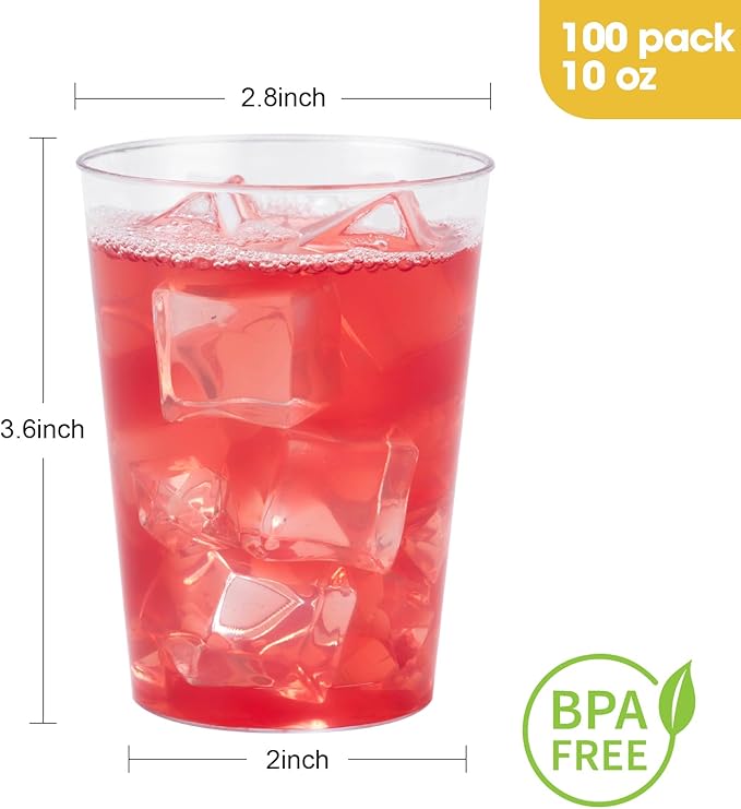 Goodluck 100PCS 10oz Clear Plastic Cups for Party, Disposable Clear Plastic Cups, Cocktail Glasses for Wedding Thanksgiving, Christmas, and Parties