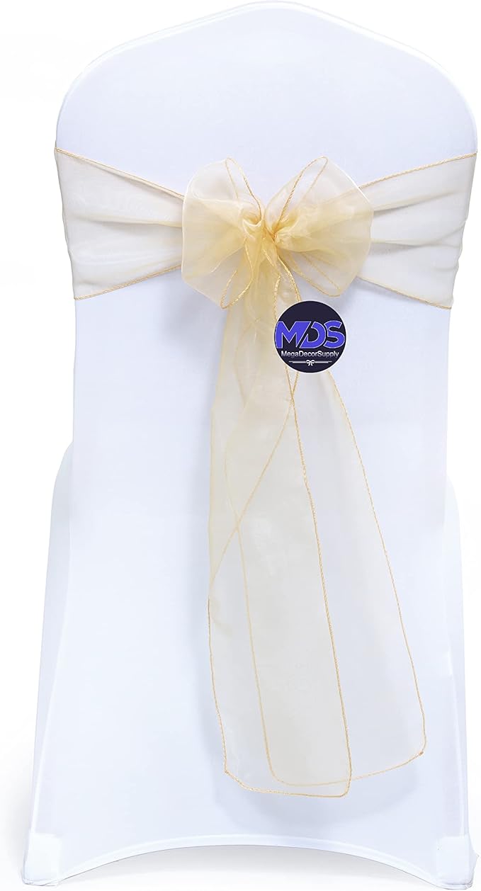 MDS Pack of 100 PCS Organza Chair Sashes Wider Dining Chair Bows Ribbon Tie Back for Wedding Party Birthday Bridal Shower Reception Event Banquet Home Chair Cover Decoration - Beige