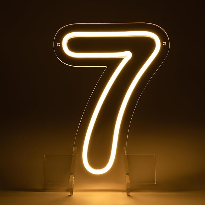 Number 7 LED Neon Sign Backdrop Birthday Party Decoration, 11.3" Height Warm White Marquee Numbers Seven Light Up Sign for Wedding Anniversary Window Wall Table, Indoor Battery Operated or USB