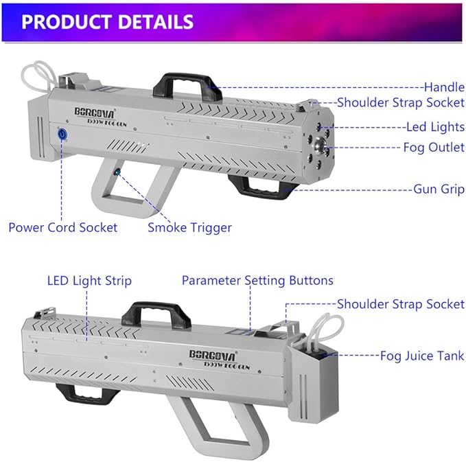 Smoke Gun for Party, 1500W Handheld Fog Machine Cannon with Color - Changing Lights, Perfect for Spooky Halloween, Stage Shows and Club Night