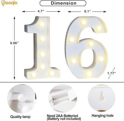 Pooqla 16th Birthday Decoration for Girls Boys, Decorative LED Light Up Numbers, Marquee Numbers 16 Sign for Teen Party Backdrop 16th Wedding Anniversary Decor, Warm White and Cool White Number 16