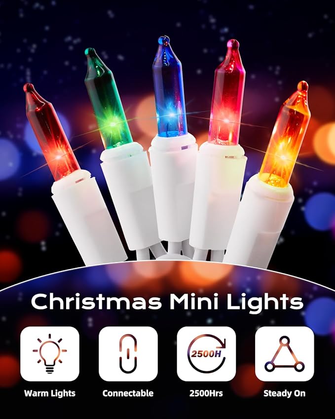 Brightown Multicolor Christmas Mini String Lights, 100-Count 26.5ft Incandescent Bulb Fairy Lights for Indoor Holiday Decor, Christmas Tree Garland Wedding Party Multi-Use Xmas Decoration, White Wire