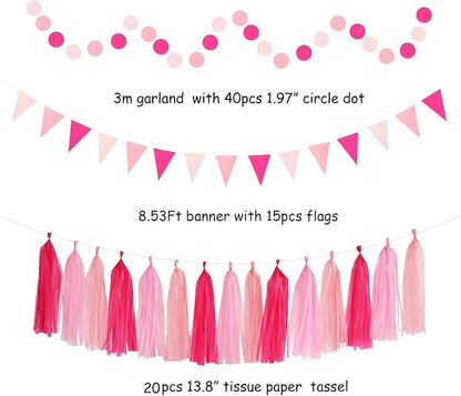 Hot-Pink Rose Red Party-Decorations - 33pcs Banner,Streamers Tassel Garland,Tissue Pom Poms Honeycomb,Paper Lanterns Fan,Birthday Wedding Bridal Baby Shower Bachelorette Engagement Decor Hugtmr