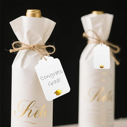 100Pcs Blank Gift Tags with String Foil Gold Grad Cap Large White Paper Gift Tags with 65 Ft Jute Twine for Congrats Grad Congratulations Graduation Party