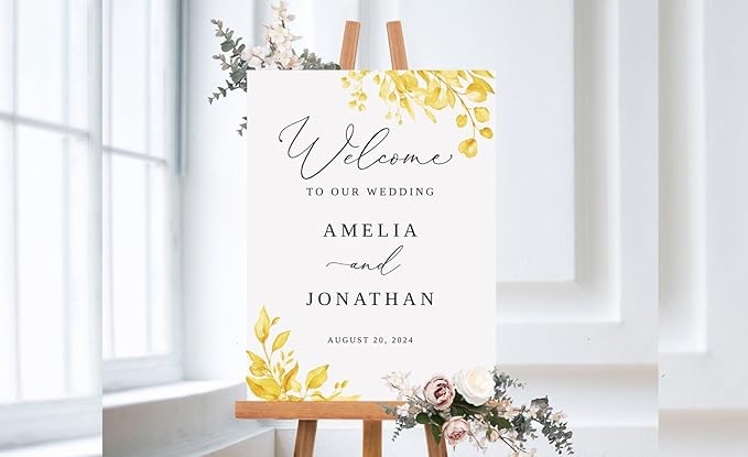 Welcome Wedding Sign Personalized, Watercolor Yellow Wedding Sign Decorations Signage 12" X 18" (Small), 27" (Medium), 36" (Large), Plastic, Modern, Pole Mount, Weather