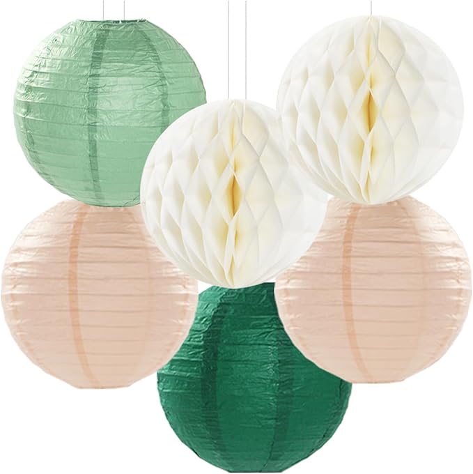 Sage-Green Pink-Beige Boho Party-Decorations Streamers - 14pcs Rustic Neutral Wedding Olive Paper Honeycomb Lanterns Fan,Birthday Baby Bridal Shower Engagement Decor Lasting Surprise