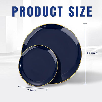 bUCLA 100PCS Blue Plastic Plates - Navy Blue Disposable with Gold Rim, Include 50 Each (10 inch Dinner & 7 inch Dessert) Plates, Ideal for Party