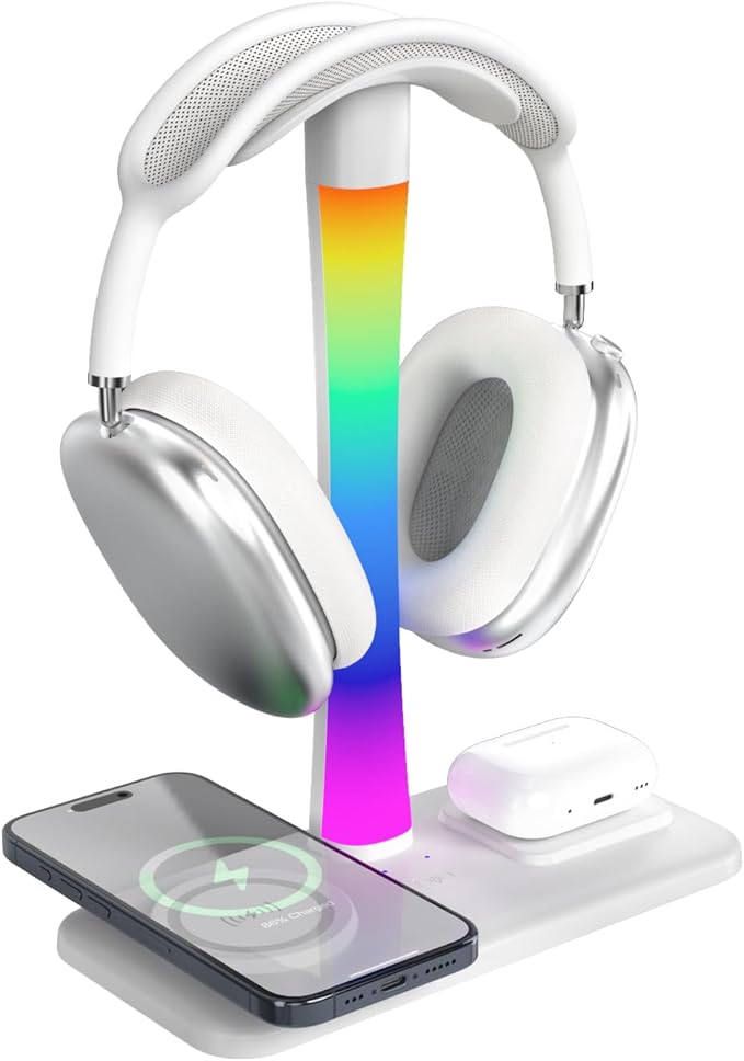 Headphone Stand with Wireless Charger,Gaming Headset Stand with RGB Light Mode,Airpod Max Stander Compatible with Airpod Pro/3/2,iPhone 16/15/14/13/12/11,Gifts for Gamers & Music Lover (White)