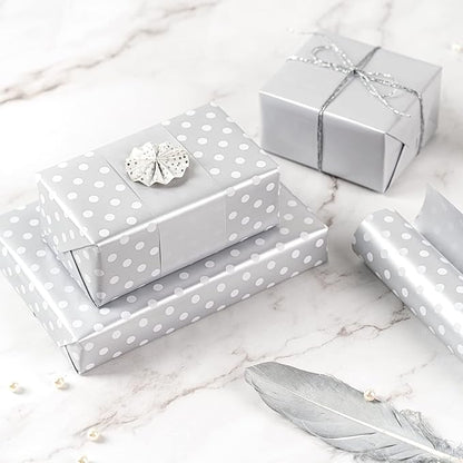 WRAPAHOLIC Reversible Wrapping Paper - Mini Roll - 17 Inch X 33 Feet - Silver Print and Polka Dot Design for Birthday, Holiday, Wedding, Baby Shower