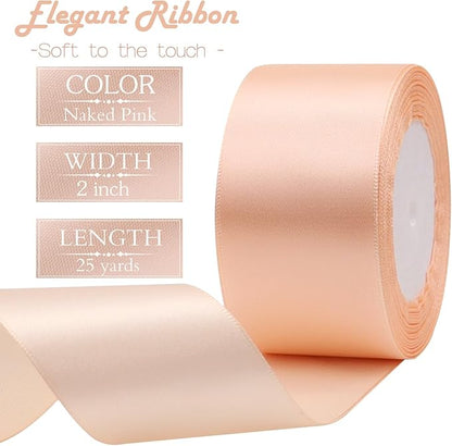 Naked Pink Solid Satin Ribbon 2 Inch 25 Yards Solid Polyester Fabric Ribbon for Gift Wrapping Wedding Christmas Baby Shower Birthday Party Decoration Handmade Immortal Flower Craft