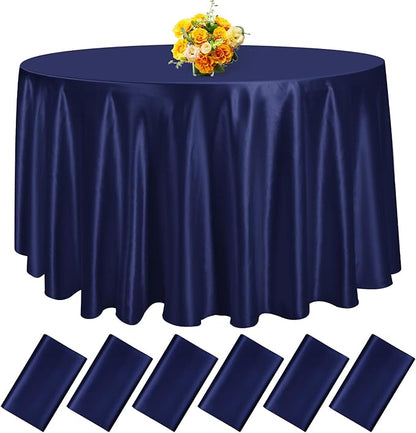 fani 6 Pack 120 Inch Navy Blue Satin Tablecloth - Premium Bright Silky Round Tablecloth Overlay Smooth Fabric Table Cover, Table Decoration for Wedding Party Banquet Events Restaurant Kitchen Dining