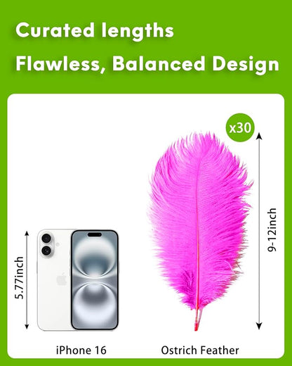 NEWONG 30pcs Hot Pink Ostrich Feathers Natural Bulk 9-12inch(23-30cm) Vase Craft Wedding Home Party Centerpieces Christmas Day Decoration