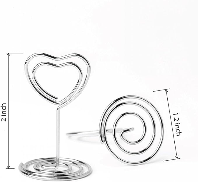 20pcs Mini Place Card Holder, Table Number Holders, Table Card Holders, Table Number Stands, Wire Table Picture Photo Holder Menu Memo Clips for Wedding Favors with Heart Shaped (Silver)