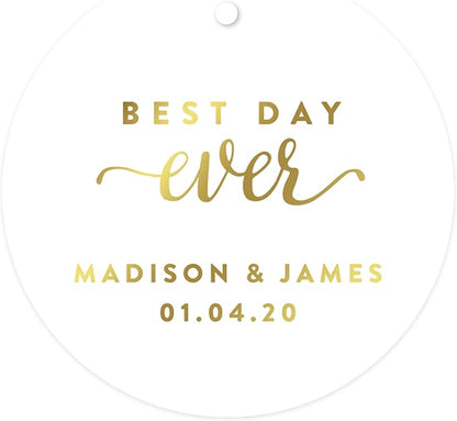Andaz Press Personalized Round Circle Wedding Gift Tags, Metallic Gold Ink, Best Day Ever, 24-Pack, Custom Made Any Name