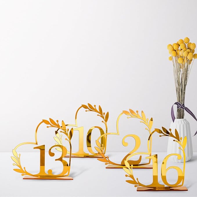Gold Acrylic Heart-Shaped Table Numbers 1-20 for Weddings, Anniversaries, Parties, Birthdays, Events | 4.5" x 4.5"