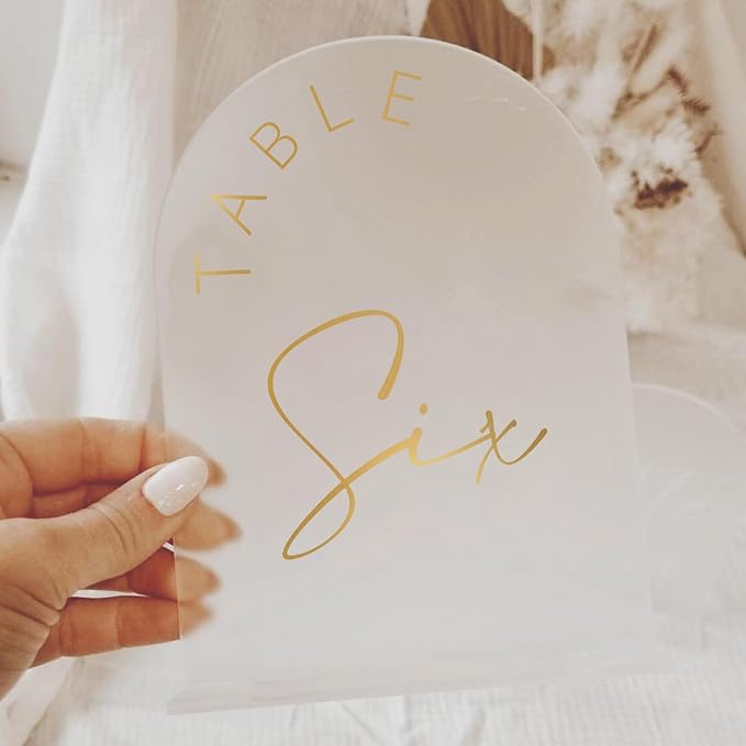 JINMURY Frosted Arch Wedding Table Numbers 1-20 with Stands, 5x7 Inch Acrylic Arch Sign with Golden Lettering, Frosted Acrylic Table Numbers for Wedding Reception