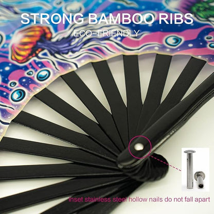 13" Large Rave Fan Bamboo, Folding Clack Hand Fans Foldable for Men Women, Boots on the Ground Poping Fan for EDM Festival Line Dance Decoration, (Jellyfish, Large 13")