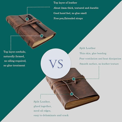 Leather Journal Notebook for Men & Women,A5 Size Diary,6.2x8.5 Inch, Vintage Style Personalized Journal for Gift,Genuine Leather Bound Notepad for Travel Journal to Write,240 lined Pages,Rustic Brown