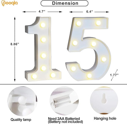 Pooqla 15th Birthday Decoration for Girls Boys, Decorative LED Light Up Numbers, Marquee Numbers 15 Sign for Party Backdrop 15th Wedding Anniversary Decor, Warm White and Cool White Number 15