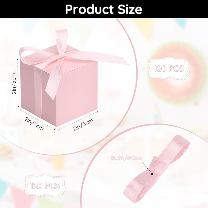 EUSOAR Candy Boxes Party Favors, 120pcs 2x2x2 Inches Pink Favor Boxes Candy Gift Box with Ribbon, Mini Bakery Cookies Box Square Paper Chocolate Containers for Wedding Anniversary Party Favor