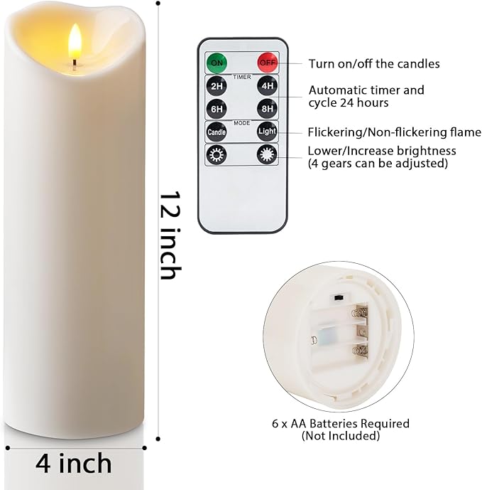 Amagic 4” x 12” Large Waterproof Outdoor Flameless Candles, Battery Operated with Remote Control and Timer, Flickering LED Pillar Candle for Outdoor Patio Yard Porch Decor, Ivory White, Set of 2