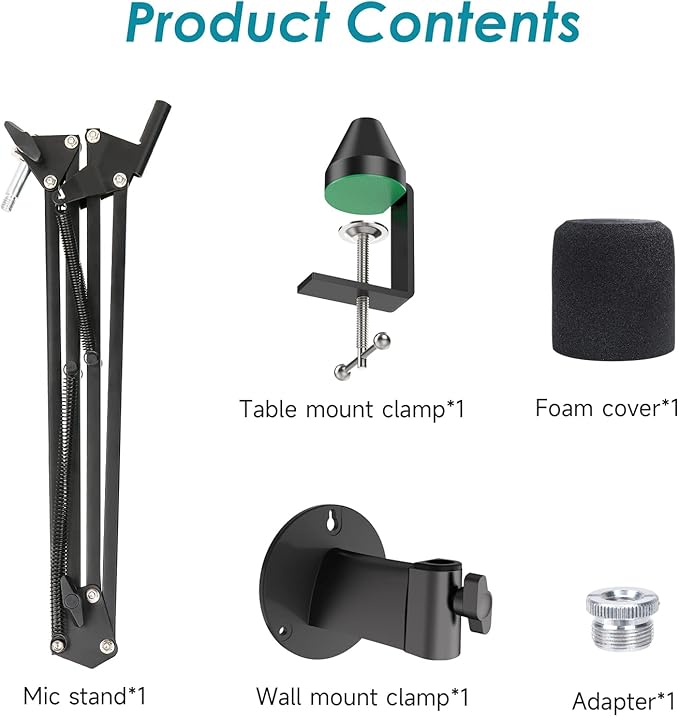 YOUSHARES MV7 Wall Mount Boom Arm Stand with Mic Windscreen and Table Mount Clamp, Mic Stand Arm with Pop Filter Compatible with Shure MV7 and Shure MV7X Microphone