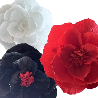 BRT Bearingshui Crepe Paper Flowers Decoration for Wall Total 9 Pcs, Artificial Flowers for Wedding Flower Backdrop Decor, Baby Bridal Shower Birthday Party, Red Black White 3D Wall Flowers Decor
