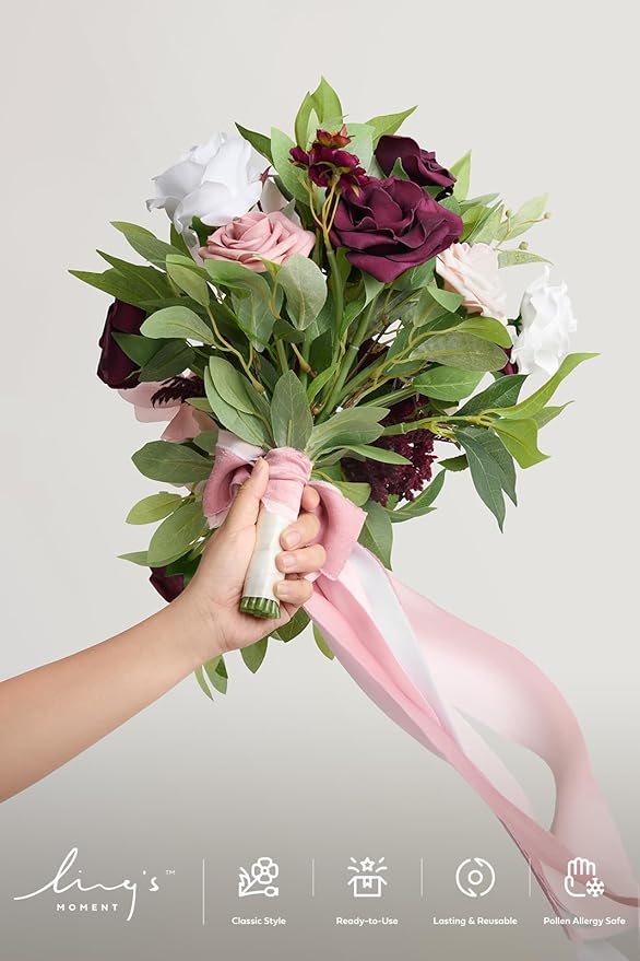 Ling's moment Burgundy Cascading Bridal Bouquet, Marsala Wedding Bouquets for Bride, 13 Inch Birde Bouquet Artificial Wedding Flower Bouquet