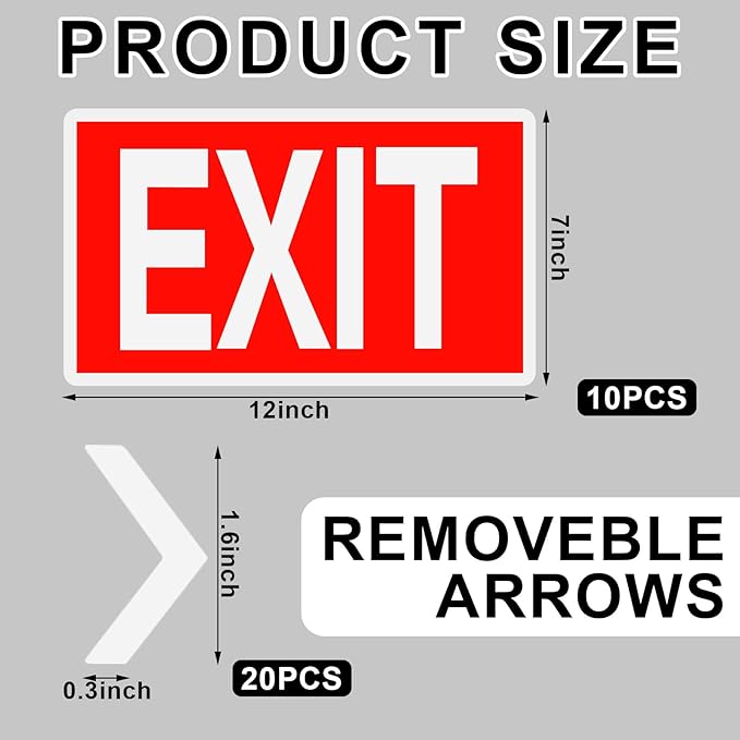 10 Pcs Glow in the Dark Exit Signs for Business 12 x 7 Inch Photoluminescent Signs Stickers for Indoor Outdoor for Business, Office, Warehouse (with Arrows)