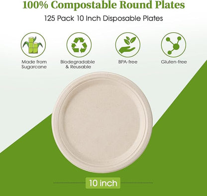 ECOLipak 100% Compostable 10 Inch Paper Plates, 125 Pack Heavy Duty Disposable Biodegradable Eco-friendly Sugarcane Bagasse Plates for Dinner Party