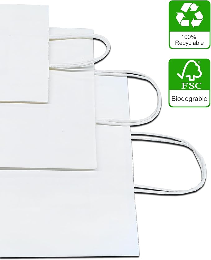 BAG BOX 25 Pack 5.9x3.1x8.25 Inch White Gift Bags with Handles,Bulk Kraft Paper Bags for Shopping, Retail, Merchandise, Wedding, Party Favors, Paper Grocery Sacks