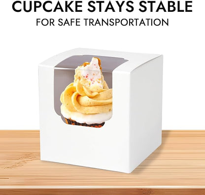 JCD 120 Packs Individual Cupcake Box White with Insert, 3.5" Cupcake Containers Single with Insert and Window for Hot Cocoa Bombs and Cookies, Pre-Assembled for Wedding Birthday Party (White/120Pcs)
