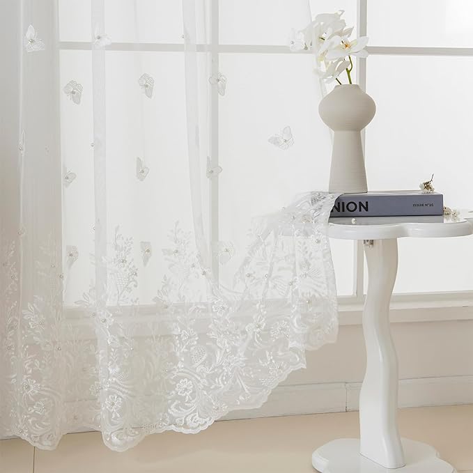 VISIONTEX White Voile Curtains, Decorative White Embossed Butterflies Rod Pocket Window Drapes for Home Kitchen, Living Room and Bedroom 54 x 84 Inch, Set of 2 Curtain Panels