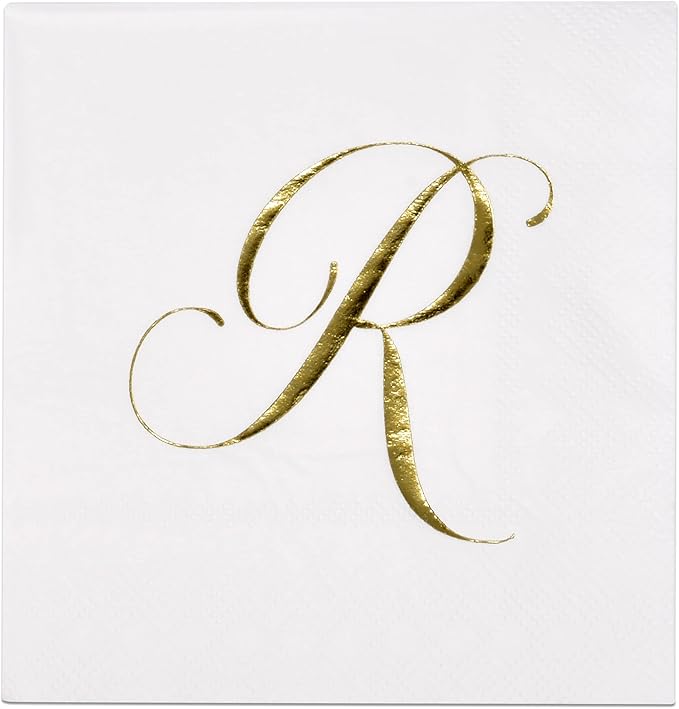 Gift Boutique 100 Gold Monogram Cocktail Napkins Letter R Disposable Paper Pack Elegant Metallic Golden Foil Hand Napkin for Powder Room Wedding Holiday Birthday Party Baby Shower Decorative Towels