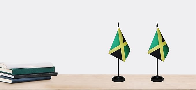 Jamaica Jamaican Deluxe Desk Flag Set, Small Mini Miniature Jamaica Jamaican Table Desktop Flags With Solid Pole, Black Base and Spear Top(2 Pack)