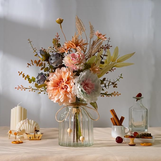 LESING Dahlia Flower Aritificial Flower with Vase Fake Silk Flowers in Glass Vase Faux Rose Flowers Arrangement for Home Office Table Centerpiece Decoration (Pink)