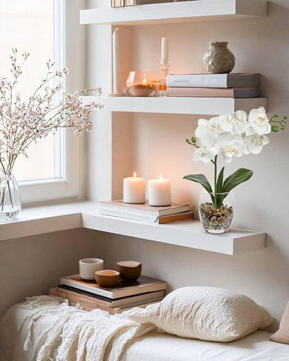 White Orchids Artificial Flowers with Vase, Small Faux Orchid Arrangement Set of 2 Fake Flowers in Glass Vases Small White Centerpieces for Kitchen Dining Room Tables Bathroom Nightstand Shelf Decor