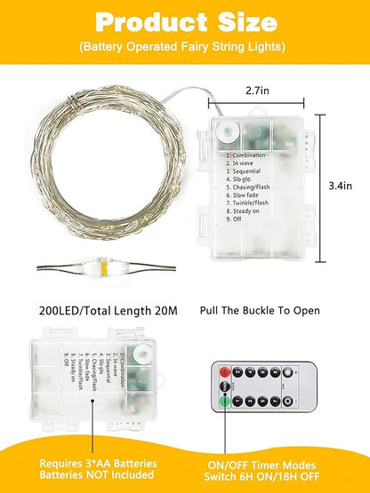 2 Pack 200LED Battery Operated Fairy Lights with Remote, 8 Modes LED String Lights with Timer, Dimmable, Memory Function, Waterproof Twinkle Lights for Outdoor Indoor Christmas Decor(Warm White)
