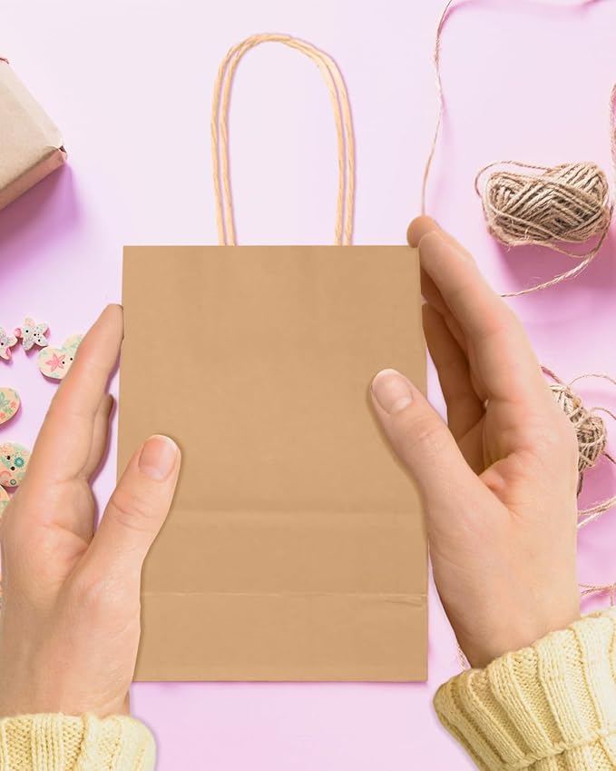 Bakepacker 100 Pcs Brown Mini Paper Gift Bags with Handles 6"x4.5"x2.5" Kraft Party Favor Bags Multiple Uses (Mini size)