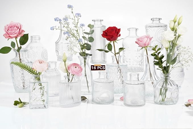 16 Pack Glass Bud Vases for Centerpieces - Bulk Small Flower Vases Set of 16, Mini Vintage Vases, 4 Styles for Party, Wedding Decorations, Baby Shower, Home Table Flower Décor (Clear)
