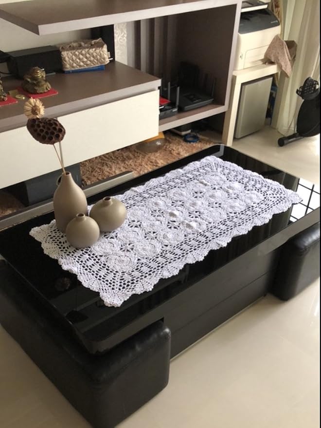 Cotton Handmade Crochet lace Table Runners Rectangular Tablecloth Doilies Doily Table Dresser Scarf Décor,19x31Inch,White