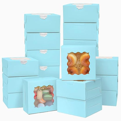 Bakepacker 60pcs Light Blue Bakery Boxes with Window 6x6x3 inches Thick & Sturdy Macaroon Pastry & Cookie Boxes
