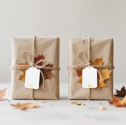 100 Pcs Blank Gift Tags with String Gold Foil Maple Leaf Fall Large Gift Tags with 65 Ft Jute Twine White Paper Cute Tags for Fall Autumn Thanksgiving Harvest Party Gift Wrap Tags