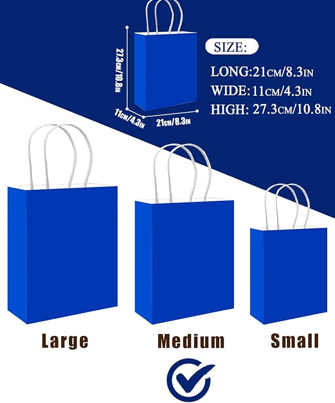 qiqee 50-Packs Diamond Blue Paper Gift Bags with Handles Bulk 11"x8.3"x4.3" Medium Size Paper Bags Multiple Uses