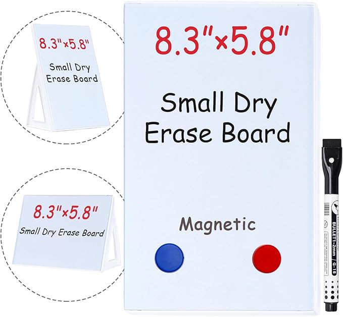 Magnetic Dry Erase Board White Board, 8.3'' x 5.8'', Small Stand-Up or Hangable Desktop Dry Erase White Board, Mini Dry Erase Whiteboard Easel for Desk with One Marker and Two Magnets