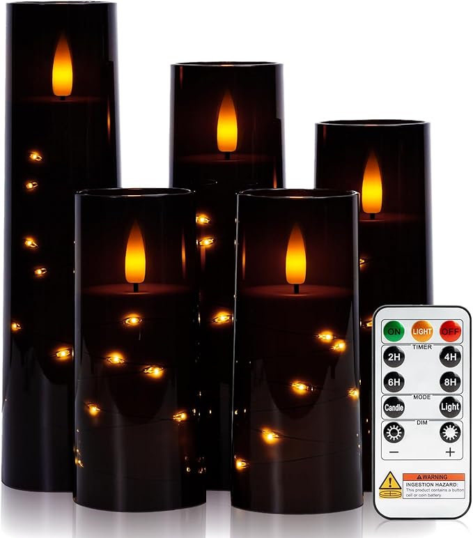 Raycare Flameless Candle with Remote Timer – 5 Flickering Acrylic Battery Operated LED Pillar Candles with Embedded Star String for Halloween, Home Decor, and as a Gift(Black)