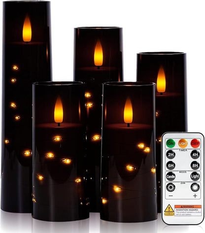 Raycare Flameless Candle with Remote Timer – 5 Flickering Acrylic Battery Operated LED Pillar Candles with Embedded Star String for Halloween, Home Decor, and as a Gift(Black)