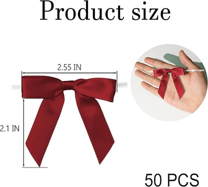50Pcs Wine Red Twist Tie Bows for Gift Wrapping 2.5" Satin Ribbon Bow for Treat Bags Cake Balloons Birthday Party Favors Wedding Decorations