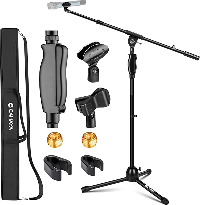 CAHAYA Tripod Microphone Stand: Boom Arm One-Button Release Floor Mic Stand Portable with Carrying Bag and 2 Mic Clips for Singing Performance Wedding Stage Meeting Live CY0362