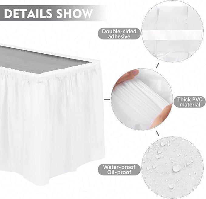 TURSTIN 8 Pieces White Plastic Table Skirts 14 Feet x 29 Inch for Rectangle Tables Fitted Tablecloth Disposable Table Cover for Birthday Party, Events, Banquette Baby Shower